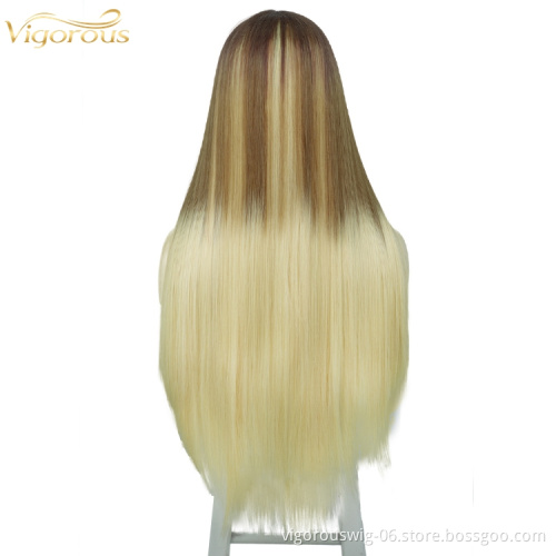 Hot sell cheap good quality hair european long straight ombre premium fiber heat resistant synthetic hair lace wigs in bulk